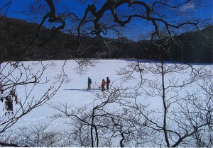 冬の八丁池は、厚い氷に覆われる
